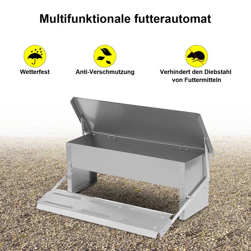 Futterautomat 5KG Futterspender Hühner mit Trittplatte und Deckel Geflügelfutterautomat Silber