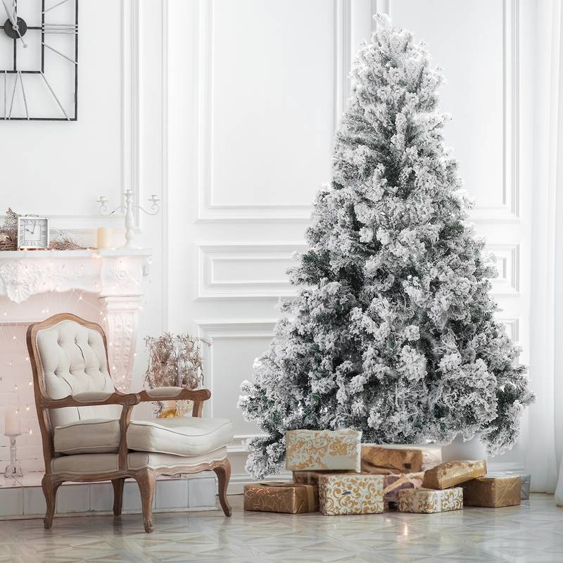 künstlicher Weihnachtsbaum 150cm (Ø ca. 95 cm) mit 550 Spitzen und Schnellaufbau Klapp-System, schwer entflammbar, mit Schnee