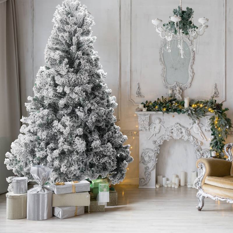 künstlicher Weihnachtsbaum 180cm (Ø ca. 115 cm) mit 860 Spitzen und Schnellaufbau Klapp-System, schwer entflammbar, mit Schnee