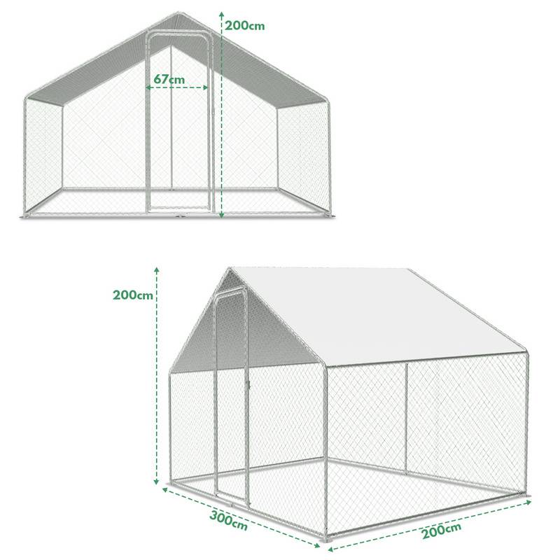 Hühnerstall Outdoor großer Hühnerhaus Dach Freilaufgehege Geflügelstall mit PE Verzinkter Stahlrahmen und abschließbare Tür 3 x 2 x 2 m