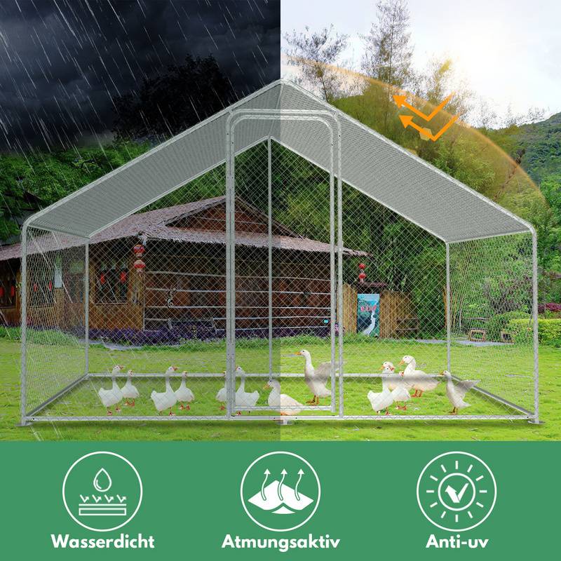 Hühnerstall Outdoor großer Hühnerhaus Dach Freilaufgehege Geflügelstall mit PE Verzinkter Stahlrahmen und abschließbare Tür 3 x 2 x 2 m