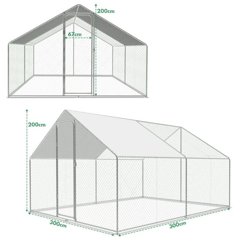 Hühnerstall Outdoor großer Hühnerhaus Dach Freilaufgehege Geflügelstall mit PE Verzinkter Stahlrahmen und abschließbare Tür 3 x 3 x 2 m