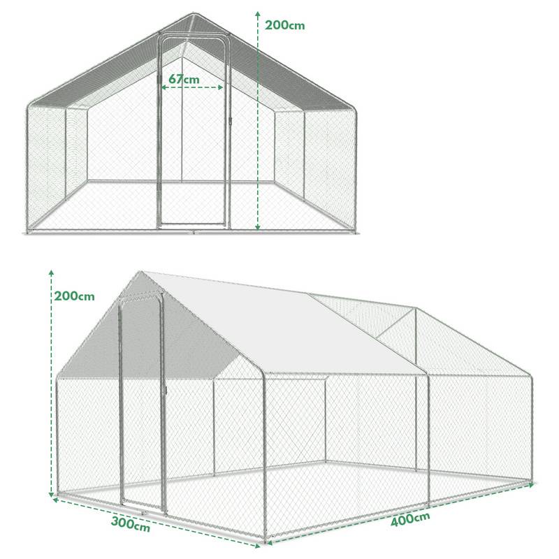 Hühnerstall Outdoor großer Hühnerhaus Dach Freilaufgehege Geflügelstall mit PE Verzinkter Stahlrahmen und abschließbare Tür 3 x 4 x 2 m