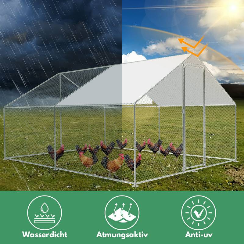 Hühnerstall Outdoor großer Hühnerhaus Dach Freilaufgehege Geflügelstall mit PE Verzinkter Stahlrahmen und abschließbare Tür 3 x 4 x 2 m