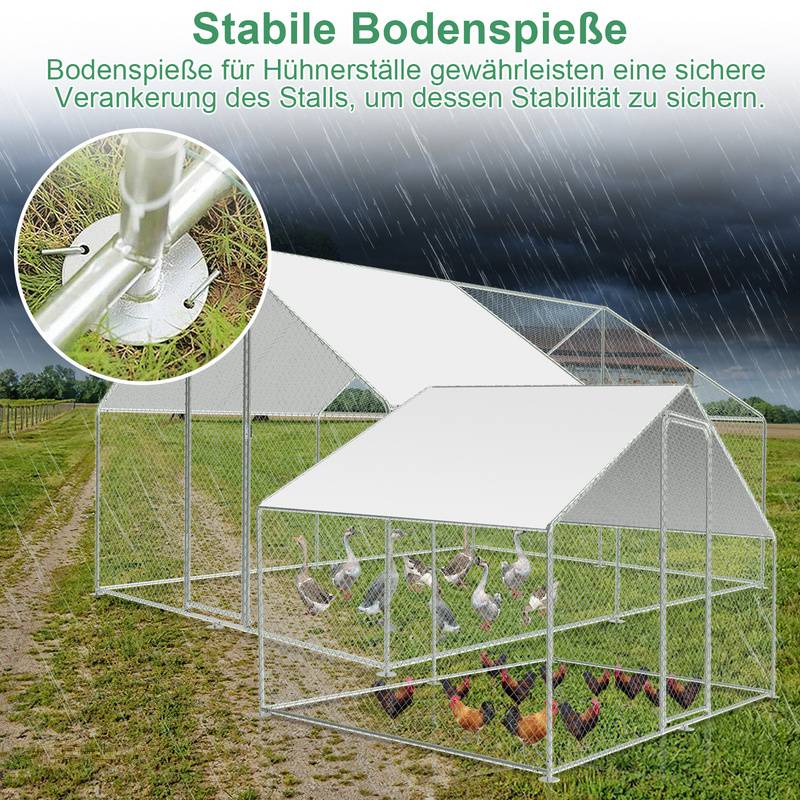 Hühnerstall Outdoor großer Hühnerhaus Dach Freilaufgehege Geflügelstall mit PE Verzinkter Stahlrahmen und abschließbare Tür 3 x 4 x 2 m