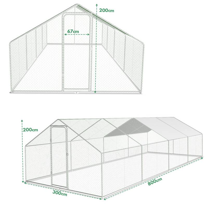 Hühnerstall Outdoor großer Hühnerhaus Dach Freilaufgehege Geflügelstall mit PE Verzinkter Stahlrahmen und abschließbare Tür 3 x 8 x 2 m