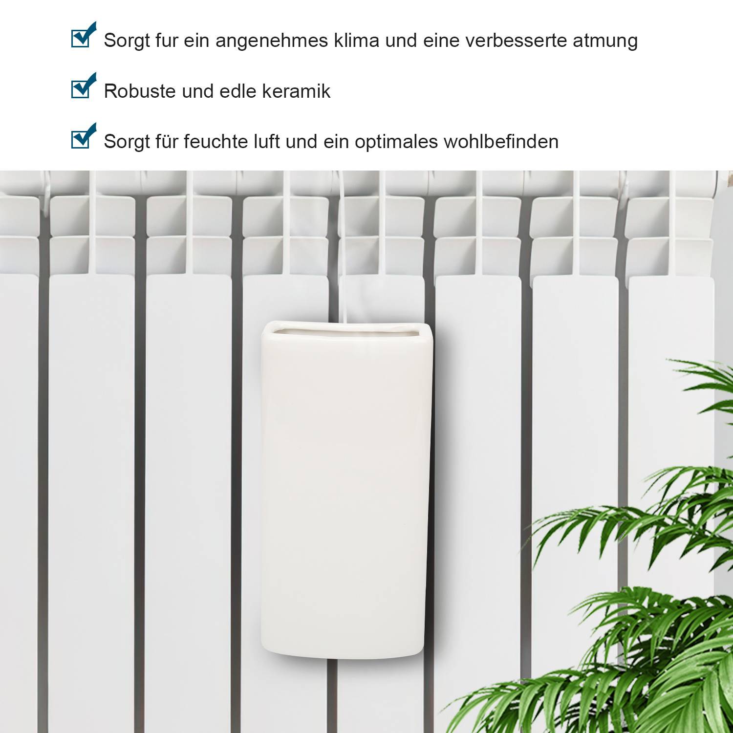 Weißer keramischer an der Wand montierter Luftbefeuchter auf einem Heizkörper, mit deutschem Text, der Vorteile wie besseres Atmen, robustes Design und komfortable Luftfeuchtigkeit auflistet.