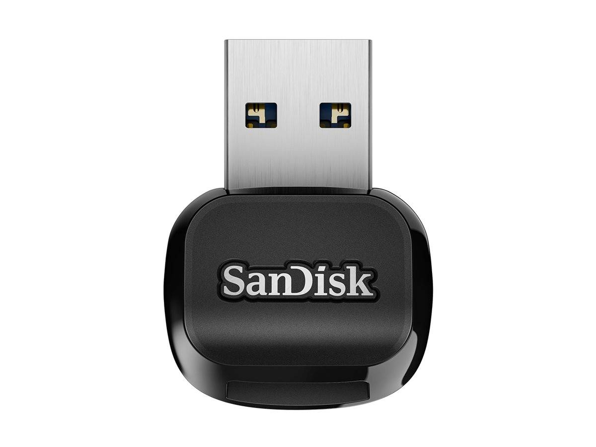 Ein schwarzer SanDisk USB-Stick mit dem USB-Anschluss nach oben, wobei das SanDisk-Logo auf der Vorderseite zu sehen ist.