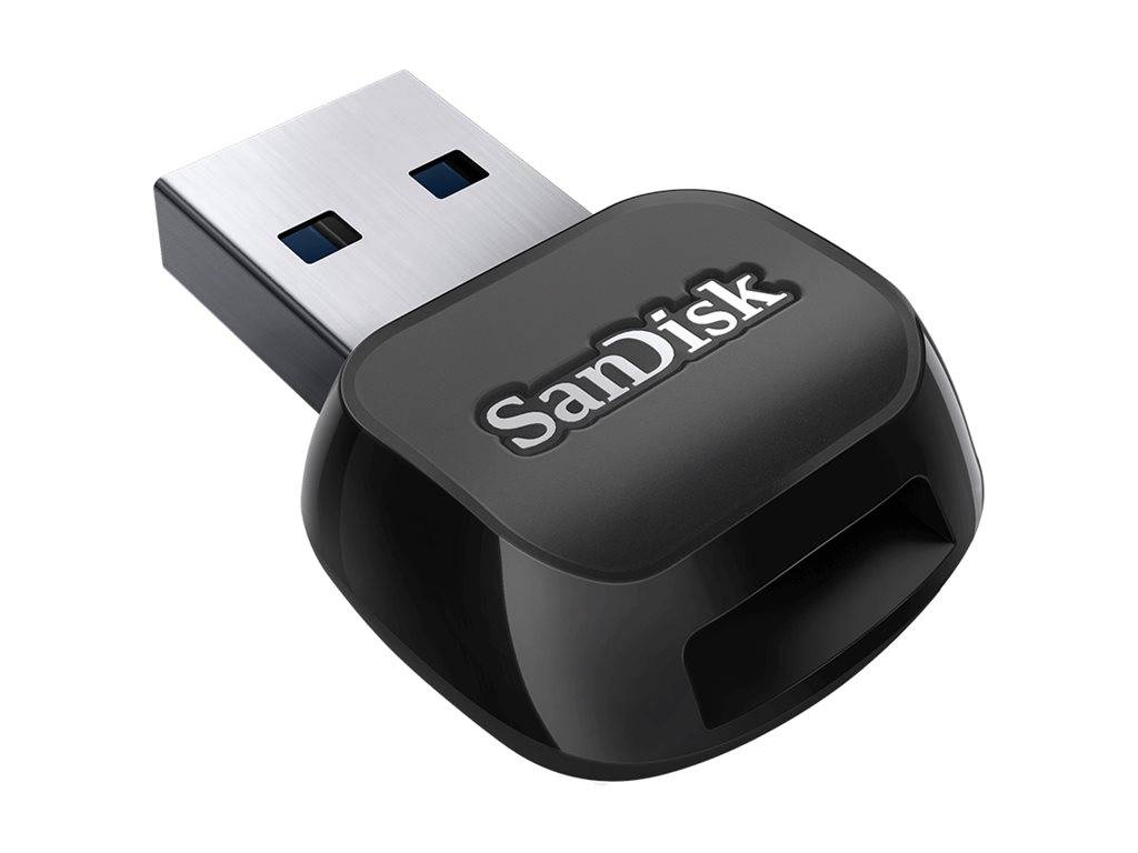 Ein schwarzer SanDisk USB-Kartenleser mit kompaktem Design, ausgestattet mit einem USB-Anschluss und einem Steckplatz für Speicherkarten.