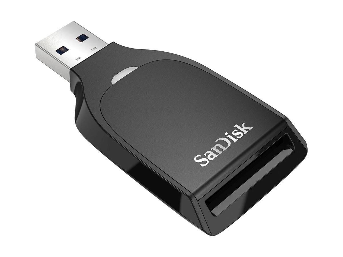 Ein schwarzer SanDisk USB-Kartenleser mit einem Steckplatz für Speicherkarten, entwickelt zum Datentransfer zwischen Geräten.