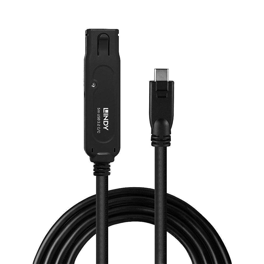 Schwarzes Lindy USB-C-Kabel mit einem Type-C-Anschluss und einem proprietären Adapter, aufgerollt auf weißem Hintergrund.
