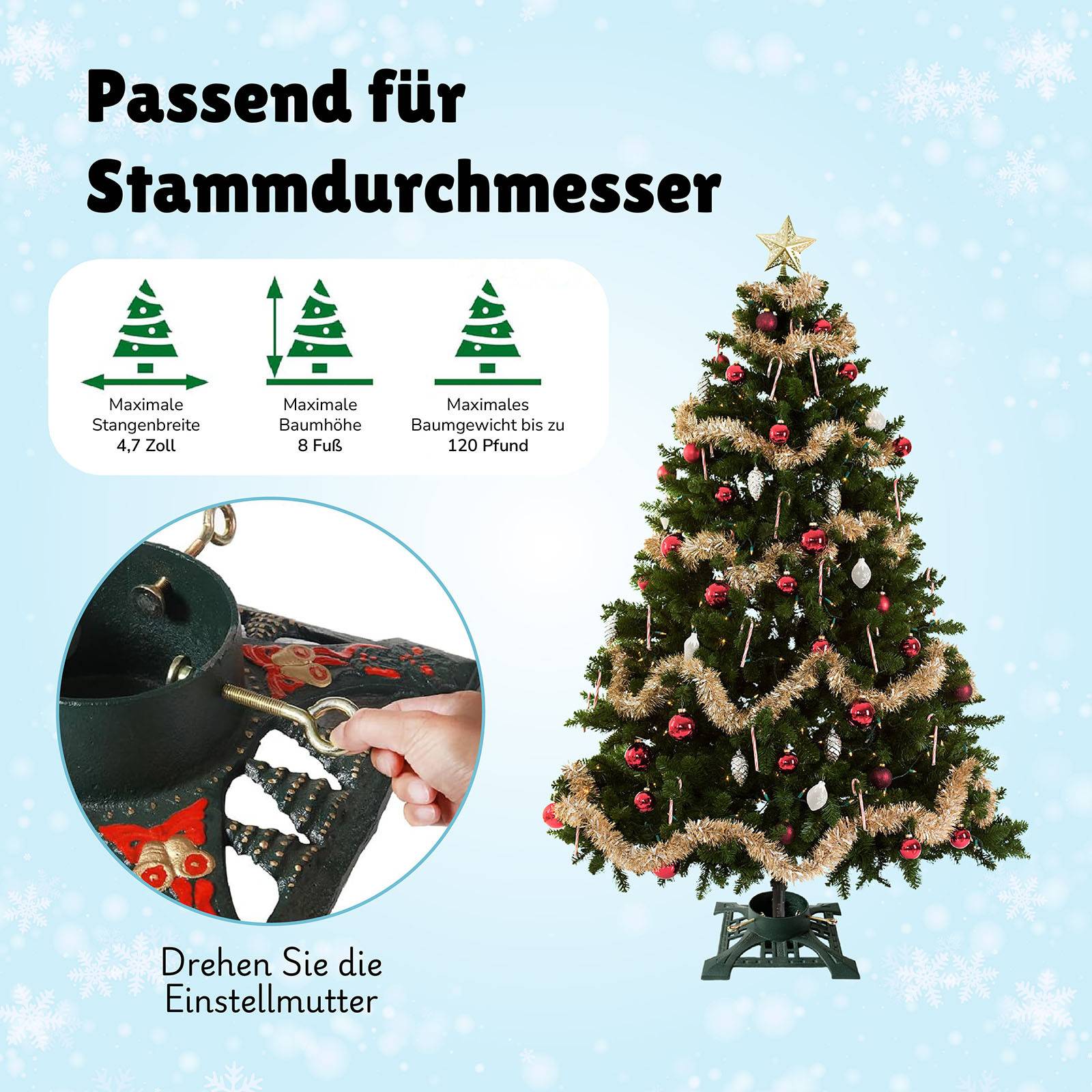 Ventray Christbaumständer mit Wasserbehälter,Baumsockel aus Gusseisen für künstliche/echte Bäume,34x34x10cm Robuster Baumhalter,Vintage-Grün