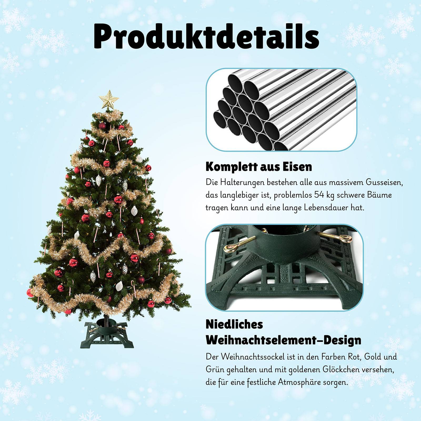 Ventray Christbaumständer mit Wasserbehälter,Baumsockel aus Gusseisen für künstliche/echte Bäume,34x34x10cm Robuster Baumhalter,Vintage-Grün