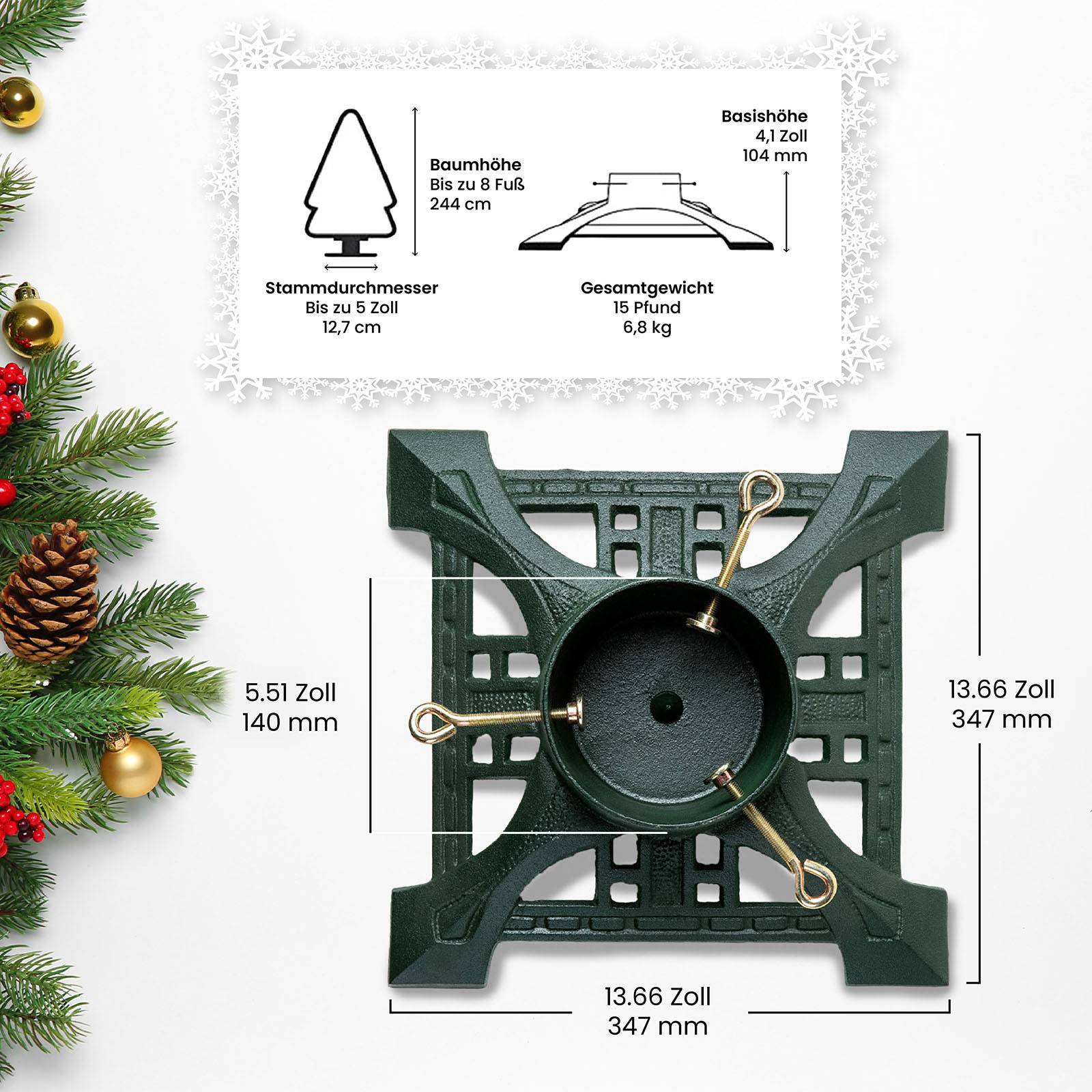 Ventray Christbaumständer mit Wasserbehälter,Baumsockel aus Gusseisen für künstliche/echte Bäume,34x34x10cm Robuster Baumhalter,Vintage-Grün