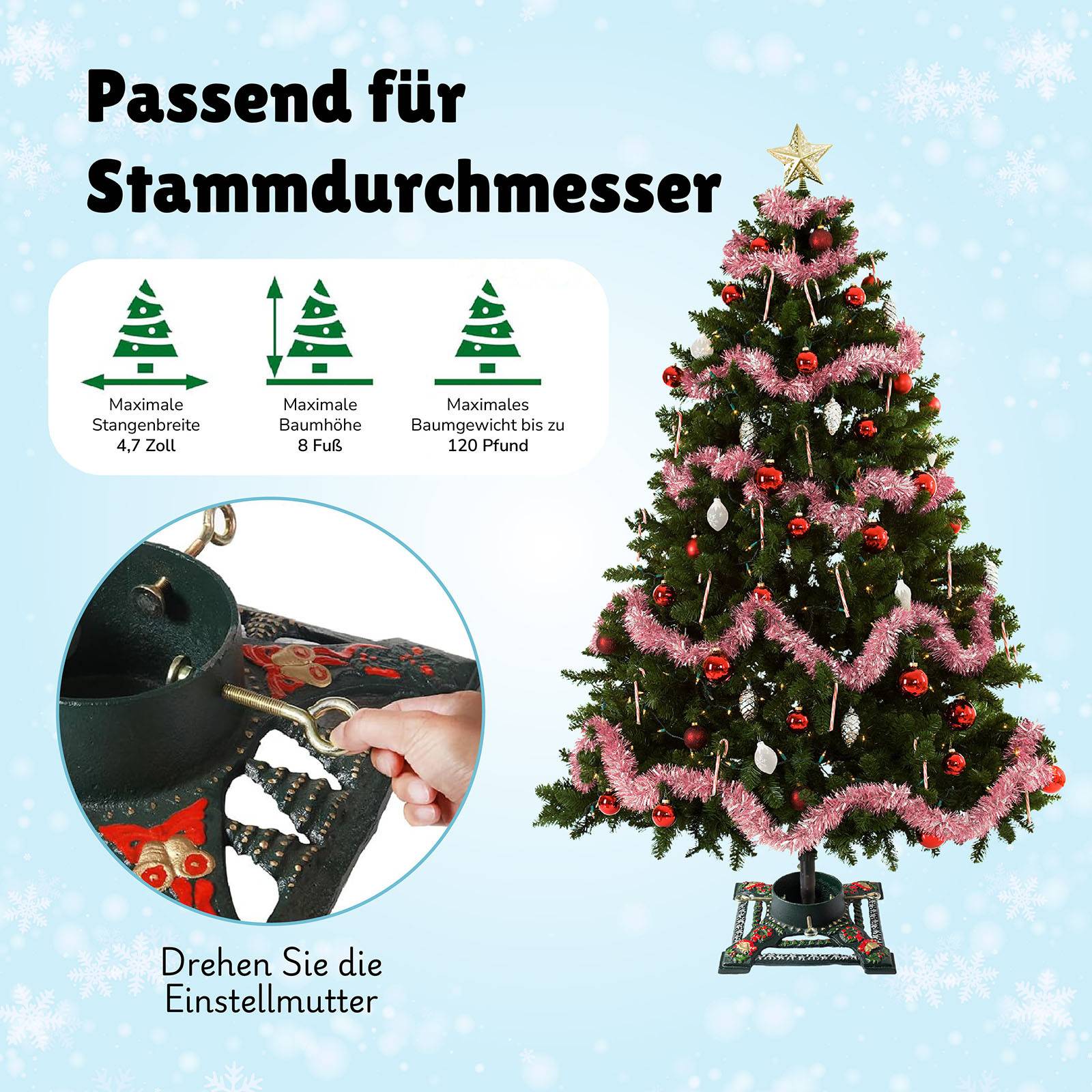 Ventray Christbaumständer mit Wasserbehälter,Baumsockel aus Gusseisen für künstliche/echte Bäume,34x34x10cm Robuster Baumhalter, Sternmuster