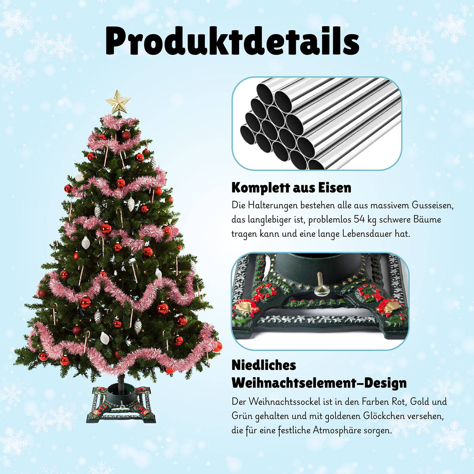 Ventray Christbaumständer mit Wasserbehälter,Baumsockel aus Gusseisen für künstliche/echte Bäume,34x34x10cm Robuster Baumhalter, Sternmuster