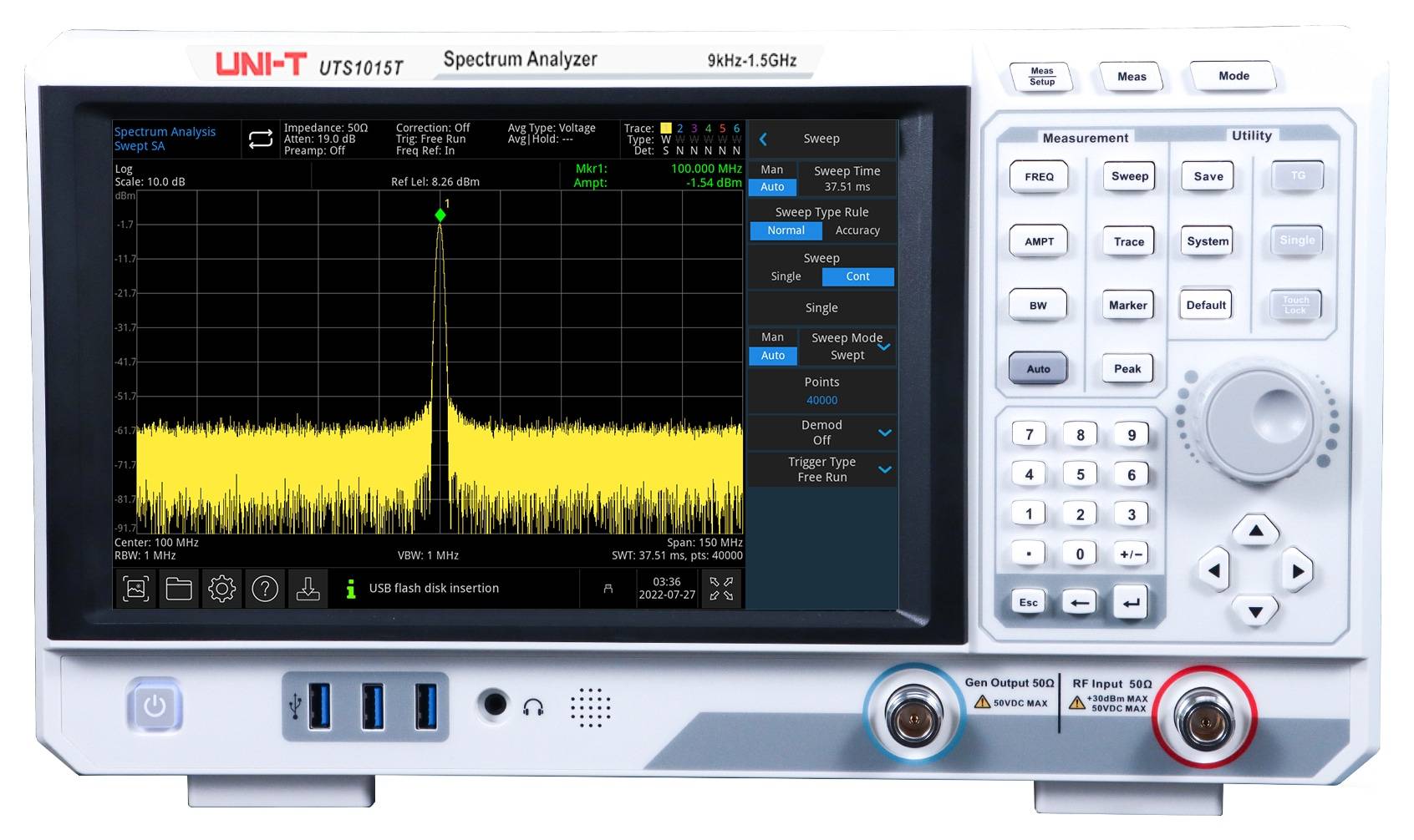 UNI-T Spektrumanalysator UTS1015T, 9 kHz..1,5 GHz, mit Quellverfolgung + 3 Software-Optionen