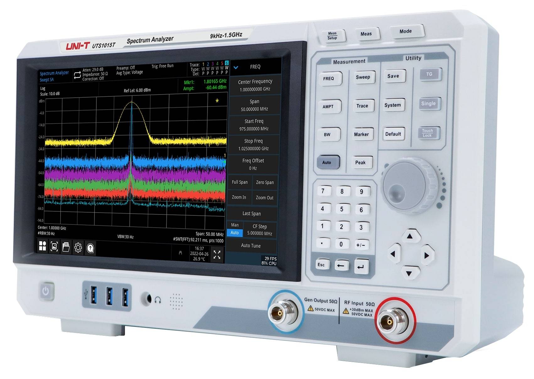 UNI-T Spektrumanalysator UTS1015T, 9 kHz..1,5 GHz, mit Quellverfolgung + 3 Software-Optionen