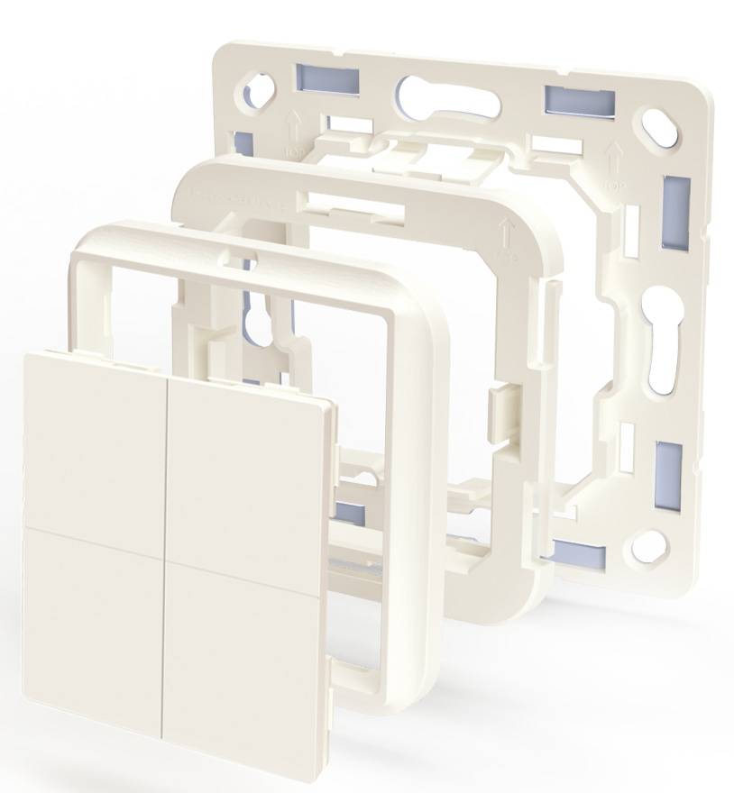 Eine 3D-Illustration, die die Montage eines modularen Wandschalters mit austauschbaren Rahmen zeigt und sein anpassungsfähiges Design betont.