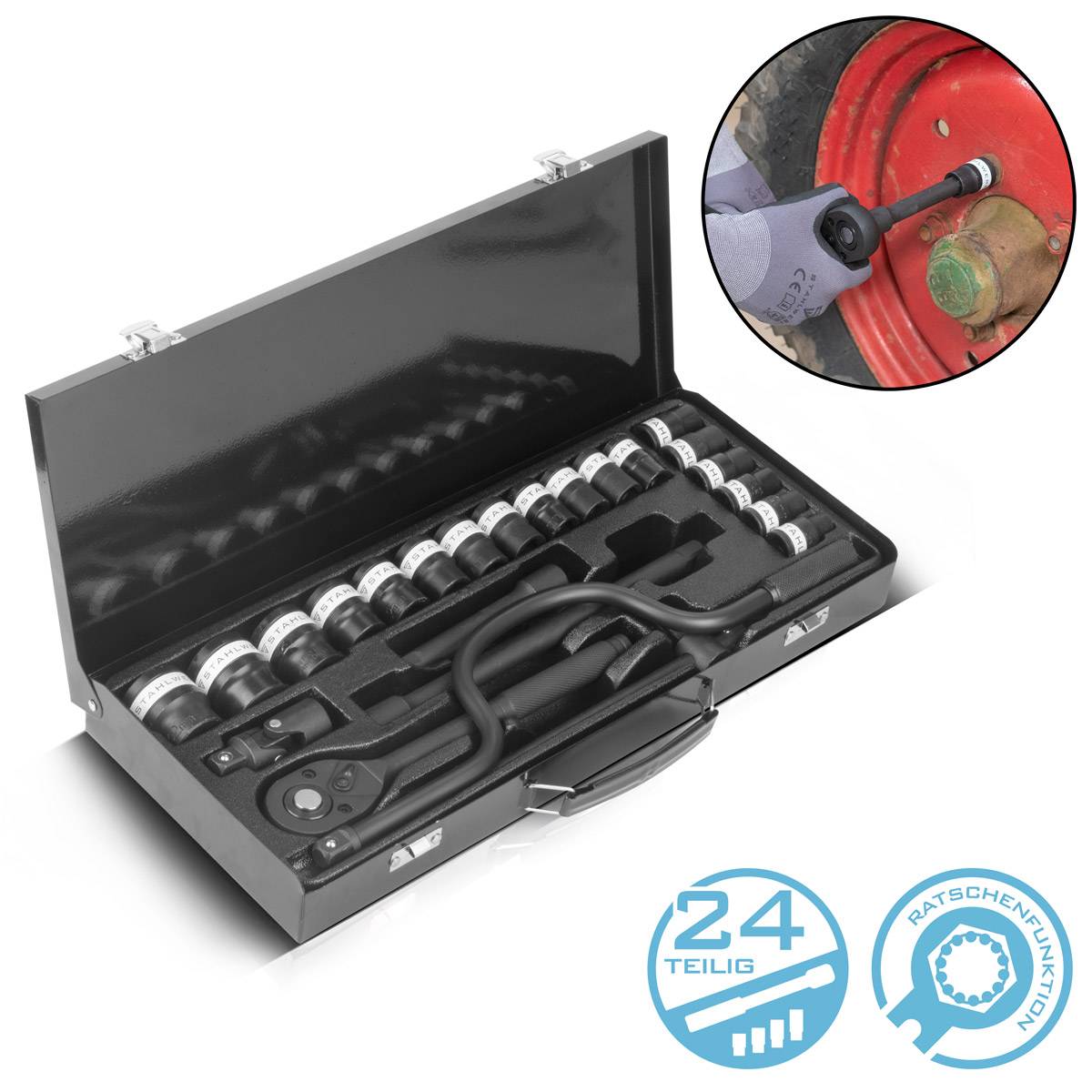 STAHLWERK Steckschlüssel-Satz 24-teiliger Knarrenkasten mit 1/2" Umschaltknarre
