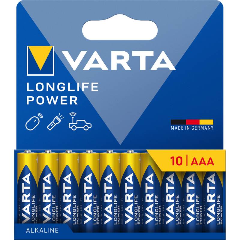 VARTA Longlife Power Alkali-Batterien AAA, 10er-Pack, in blau-gelber Verpackung, hergestellt in Deutschland.