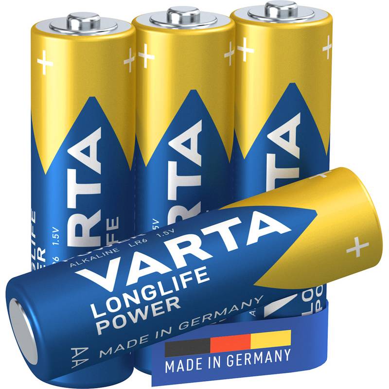 Fünf VARTA-Alkalibatterien, vier stehend und eine liegend, mit den Aufschriften „LONG LIFE POWER