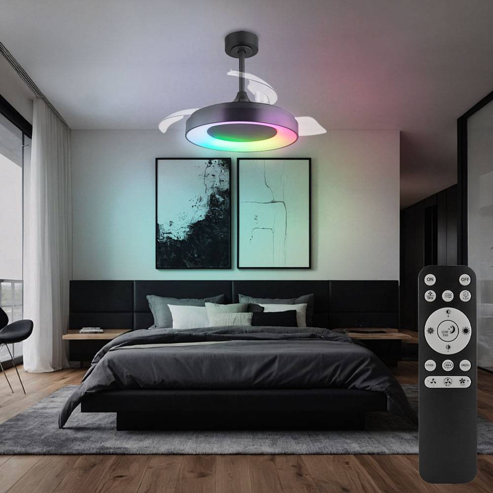 Deckenlampe Wohnzimmerleuchte Deckenventilator Schlafzimmerlampe Raumkühler, Metall Kunststoff grau, dimmbar Fernbedienung RGB Farbwechsel