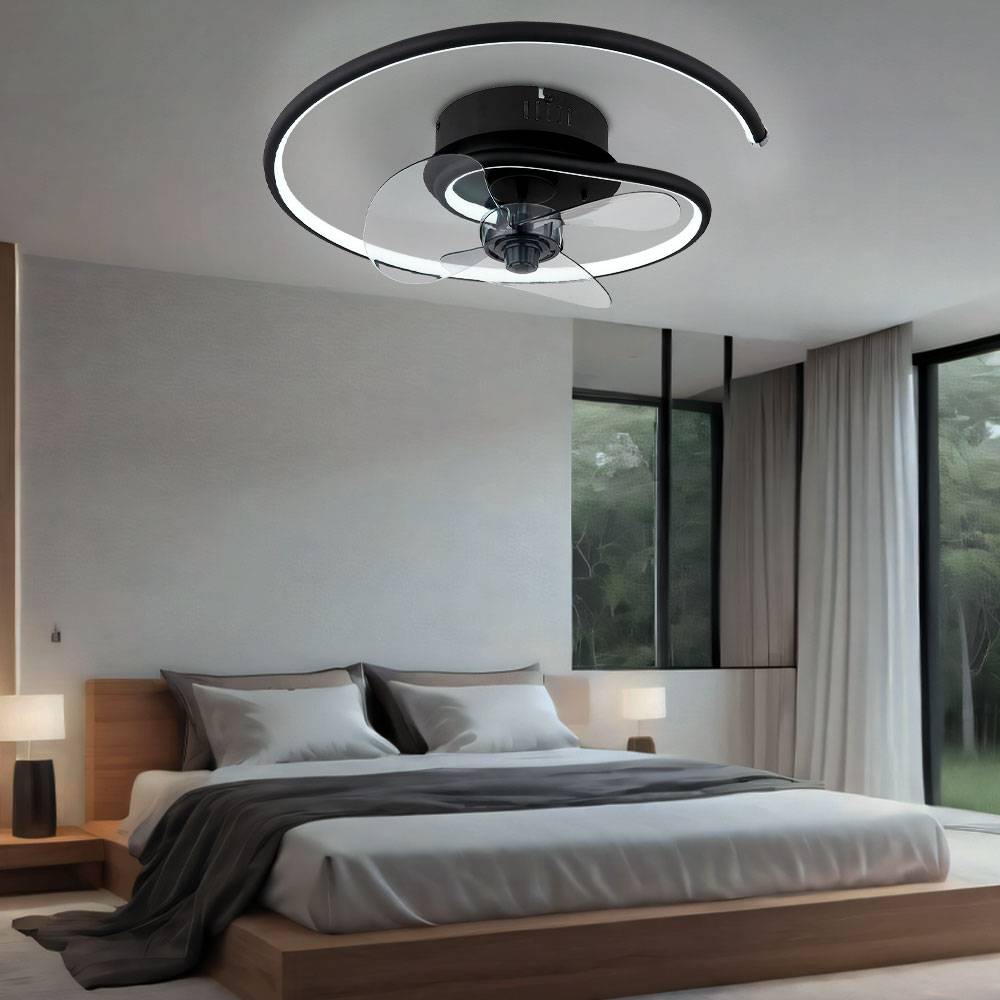 Deckenventilator Deckenlampe Wohnzimmerleuchte Schlafzimmerlampe Raumlüfter Ventilator, Metall schwarz Alu, dimmbar Fernbedienung CCT