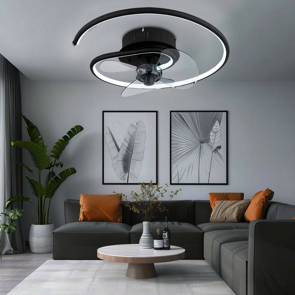 Deckenventilator Deckenlampe Wohnzimmerleuchte Schlafzimmerlampe Raumlüfter Ventilator, Metall schwarz Alu, dimmbar Fernbedienung CCT