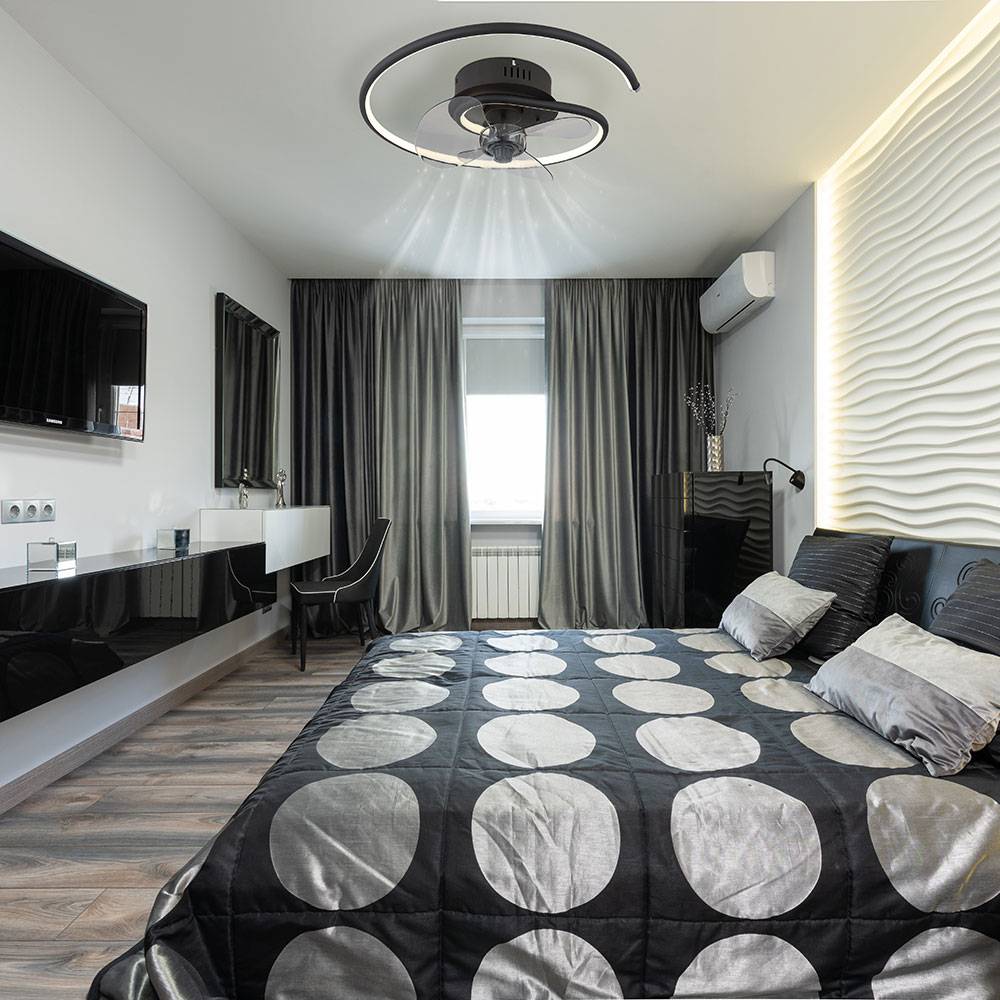 Deckenventilator Deckenlampe Wohnzimmerleuchte Schlafzimmerlampe Raumlüfter Ventilator, Metall schwarz Alu, dimmbar Fernbedienung CCT