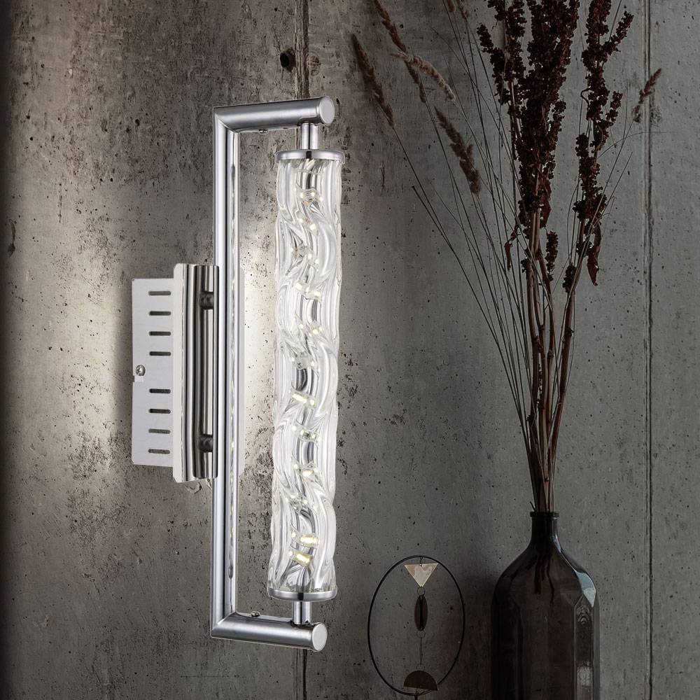 LED Wandleuchte Chrom Designleuchte Glas klar Wandlampe Glasrohr gedreht, 6W 380Lm neutralweiß, BxHxT 37x8x15,5 cm