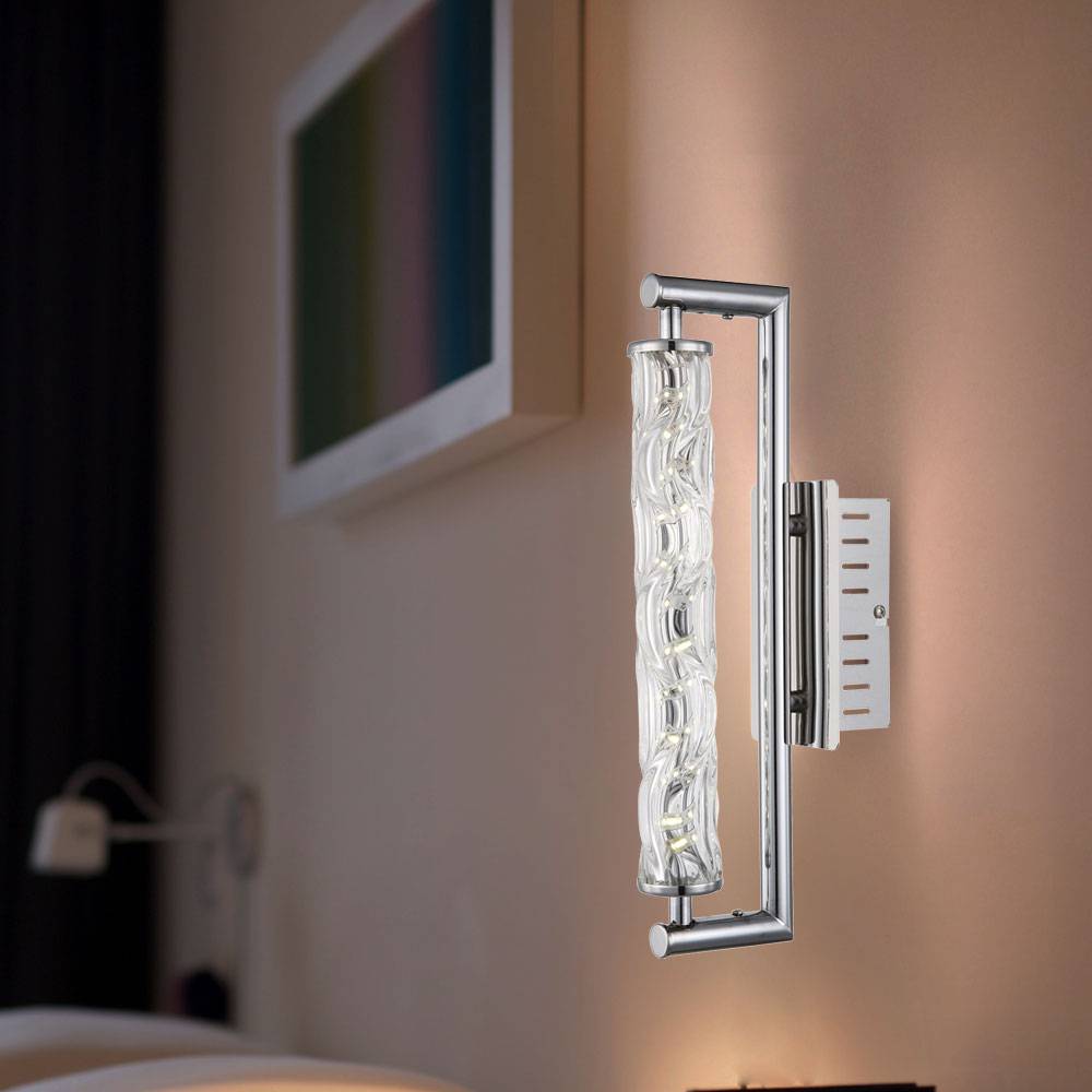 LED Wandleuchte Chrom Designleuchte Glas klar Wandlampe Glasrohr gedreht, 6W 380Lm neutralweiß, BxHxT 37x8x15,5 cm