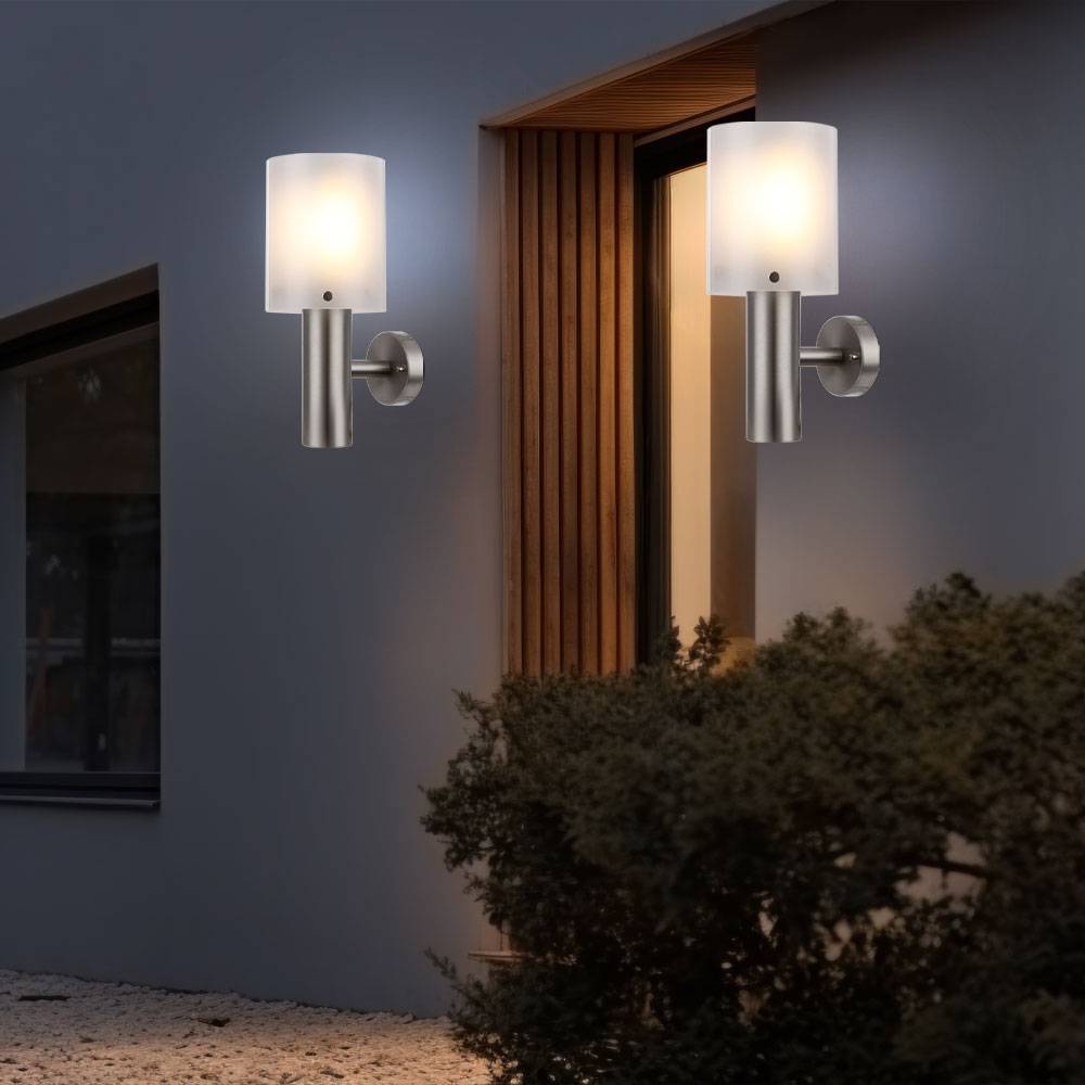 Wandlampe Wandleuchte Außenleuchte Hauswandlampe Terrasse, IP44, Edelstahl silber opal, 1x LED 11W 710Lm warmweiß, DxH 12x27,8cm, 2er Set