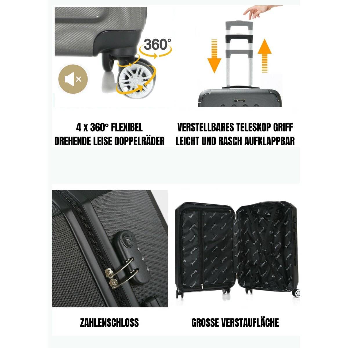 4 tlg Reisekoffer Koffer Hartschale Trolley Set Kofferset Handgepäck Gepäck Reisetasche Grau