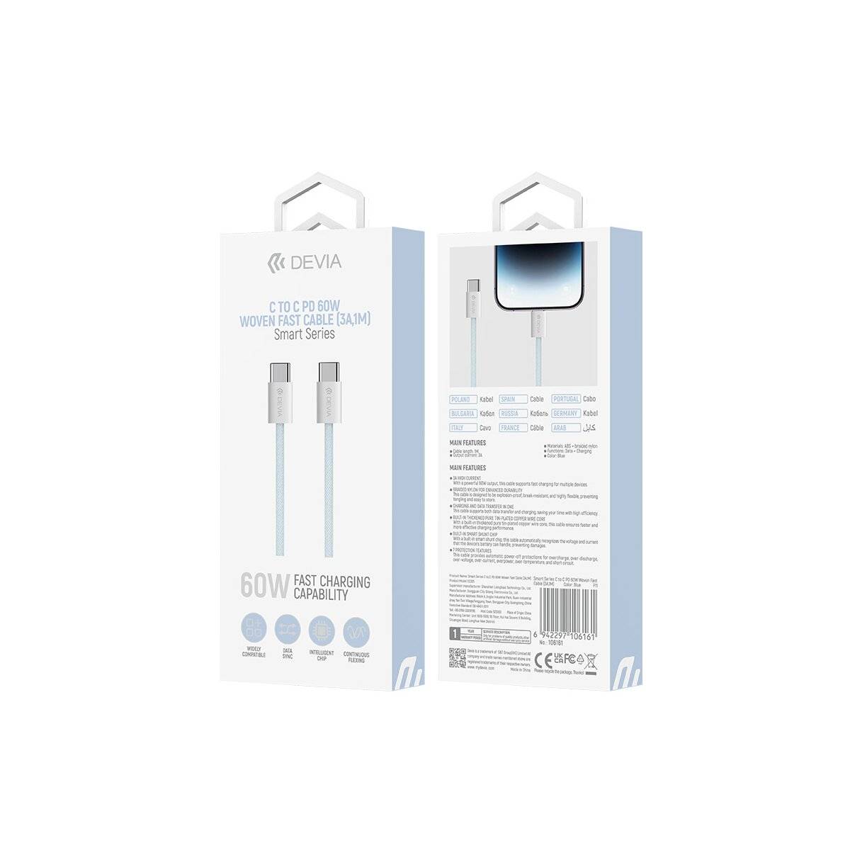 Ladekabel Smart EC325 PD USB-C - USB-C 1,0 m 60W 3A schwarz - Datenkabel 1 m Blau