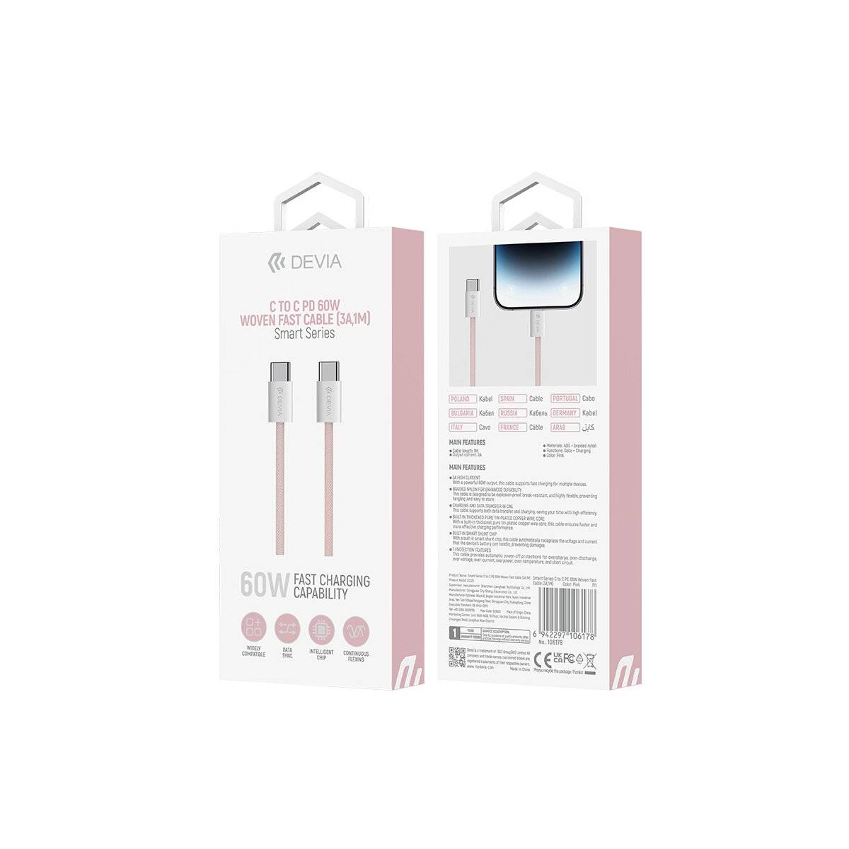 Ladekabel Smart EC325 PD USB-C - USB-C 1,0 m 60W 3A schwarz - Datenkabel 1 m Pink