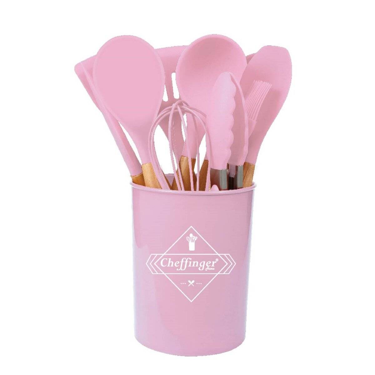 12-tlg Küchenhelfer Kochbesteck Set Kochgeschirr Silikon Holzgriff Pink