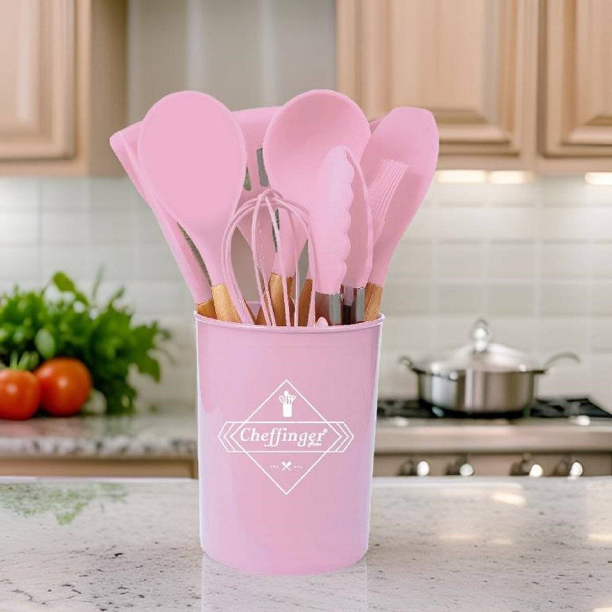 12-tlg Küchenhelfer Kochbesteck Set Kochgeschirr Silikon Holzgriff Pink