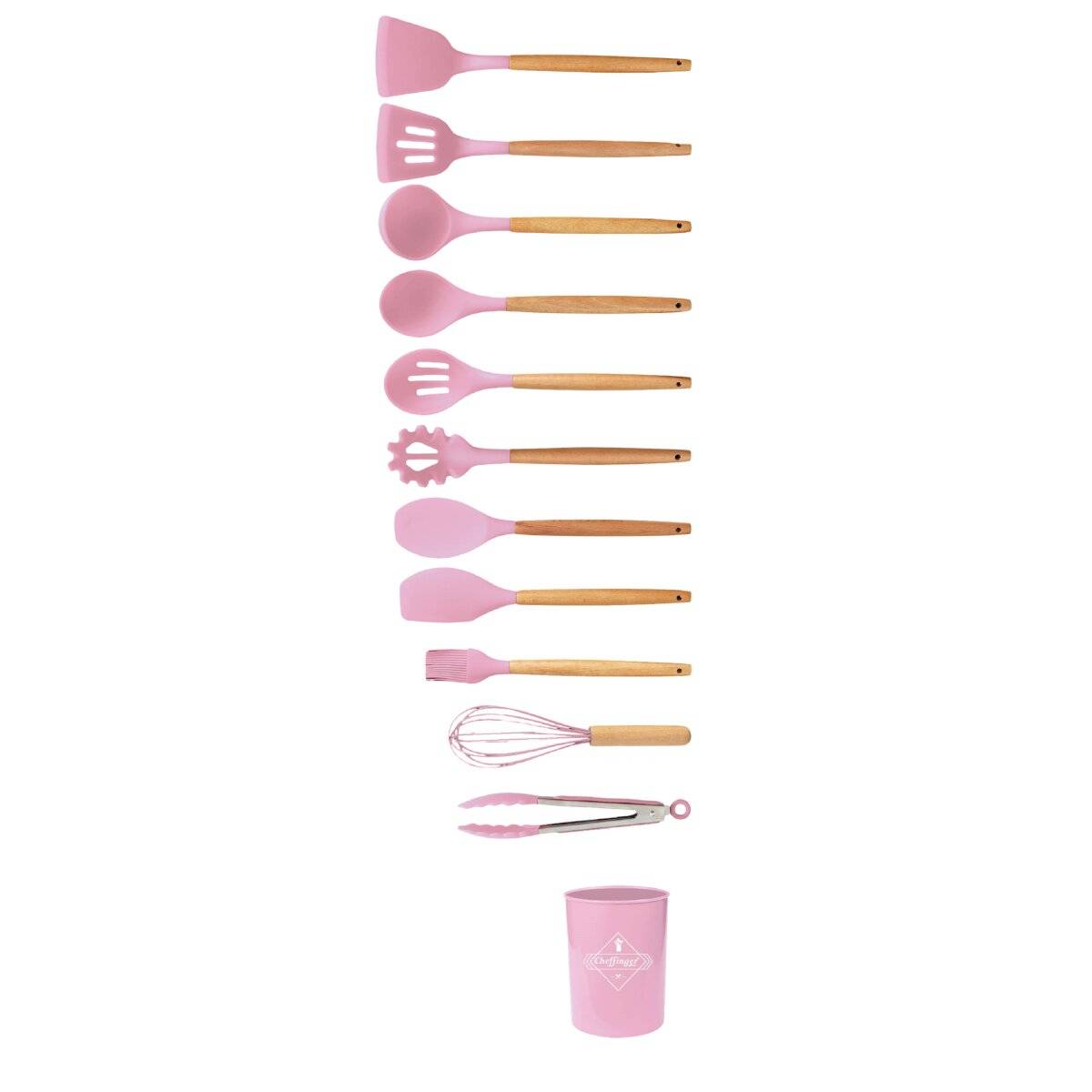 12-tlg Küchenhelfer Kochbesteck Set Kochgeschirr Silikon Holzgriff Pink