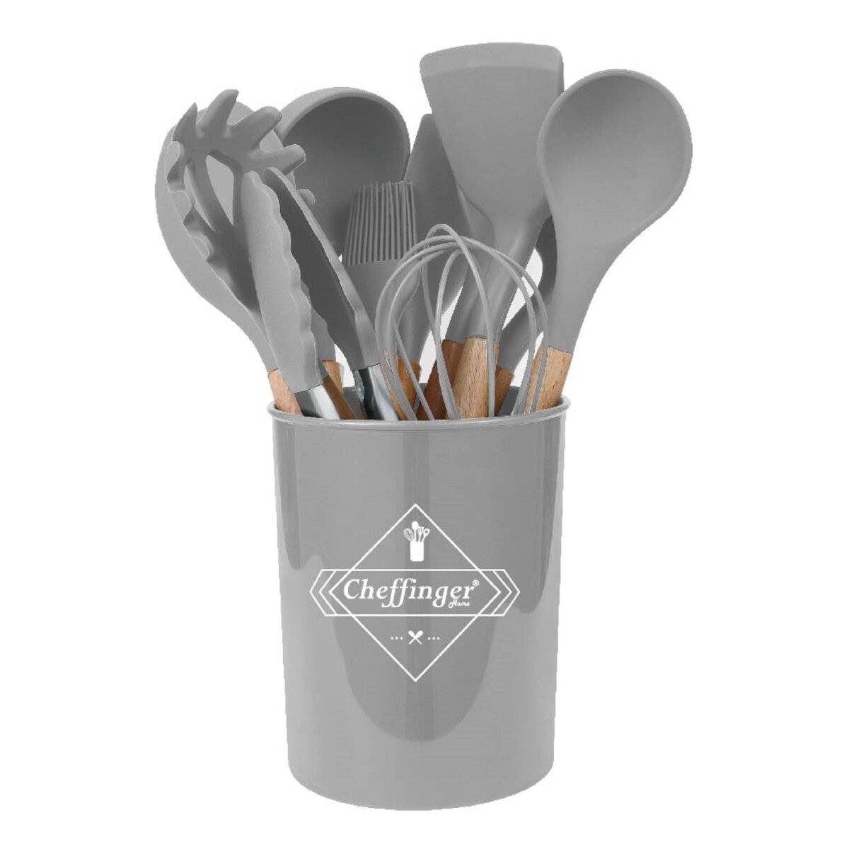 12-tlg Küchenhelfer Kochbesteck Set Kochgeschirr Silikon Holzgriff Grau