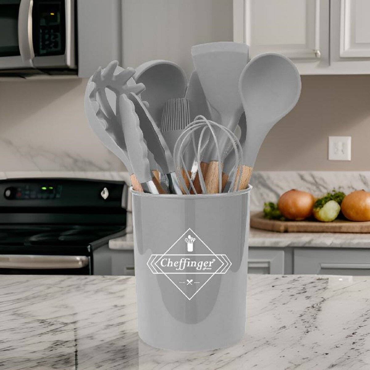 12-tlg Küchenhelfer Kochbesteck Set Kochgeschirr Silikon Holzgriff Grau