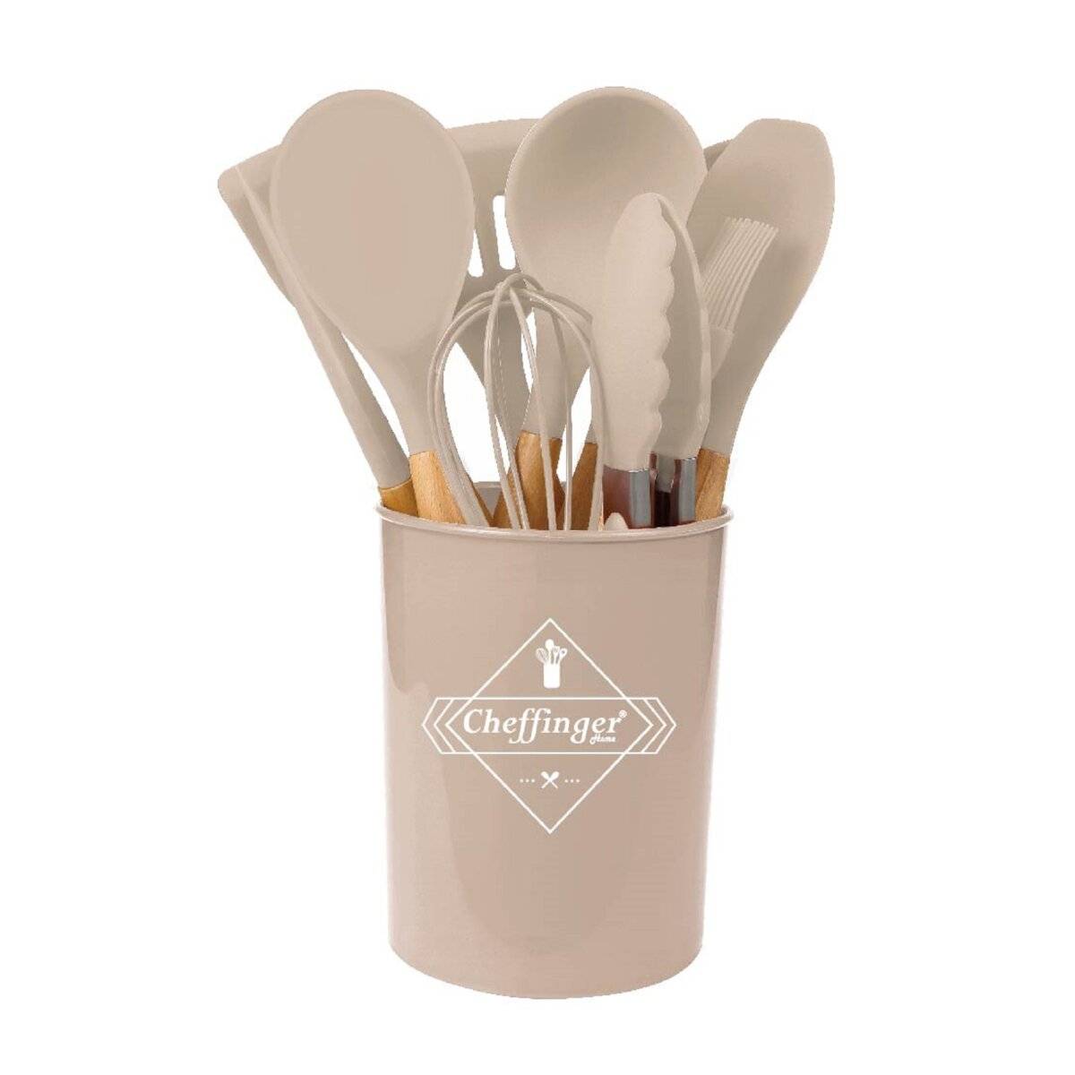 12-tlg Küchenhelfer Kochbesteck Set Kochgeschirr Silikon Holzgriff Beige