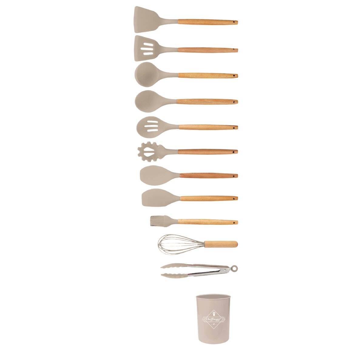 12-tlg Küchenhelfer Kochbesteck Set Kochgeschirr Silikon Holzgriff Beige