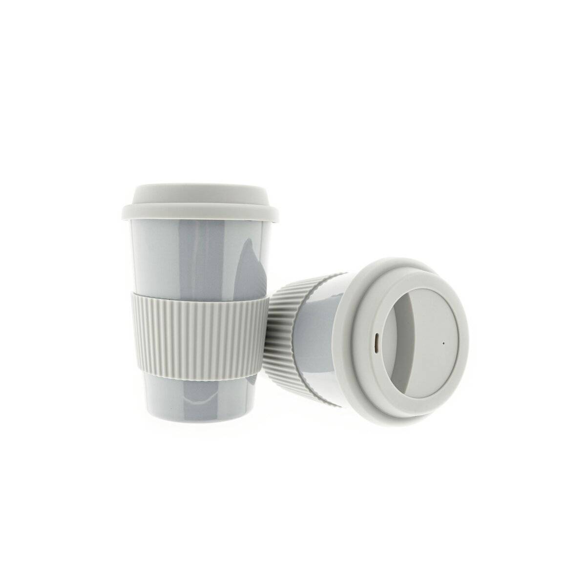 2er Set Kaffeebecher To Go, Porzellan Coffee to go Becher mit Deckel 250ml Grau