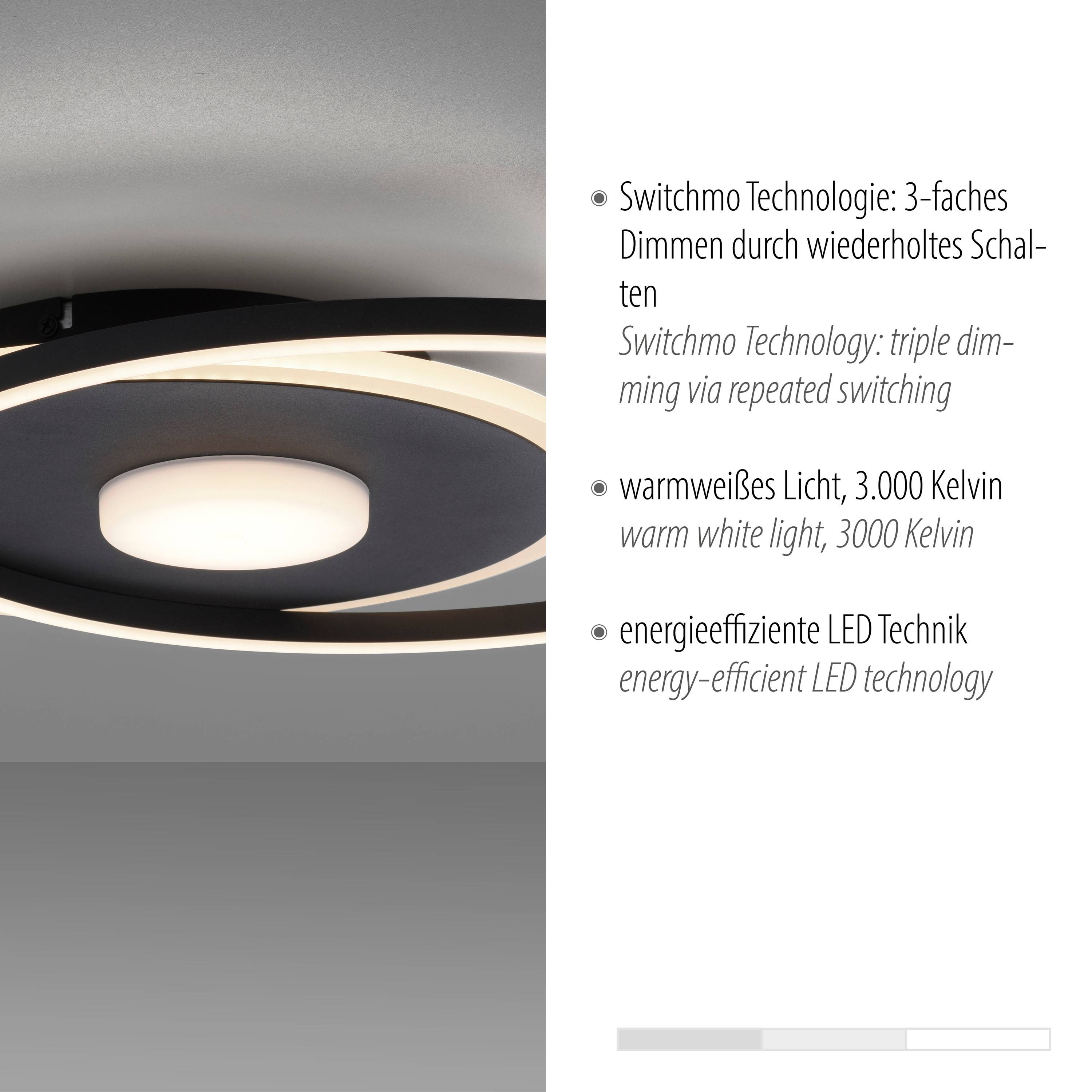 JUST LIGHT LED-Deckenleuchte 15046-18 schwarz, 26,5 W, 4150 lm, 3000 K, 3-Stufen-Schalter