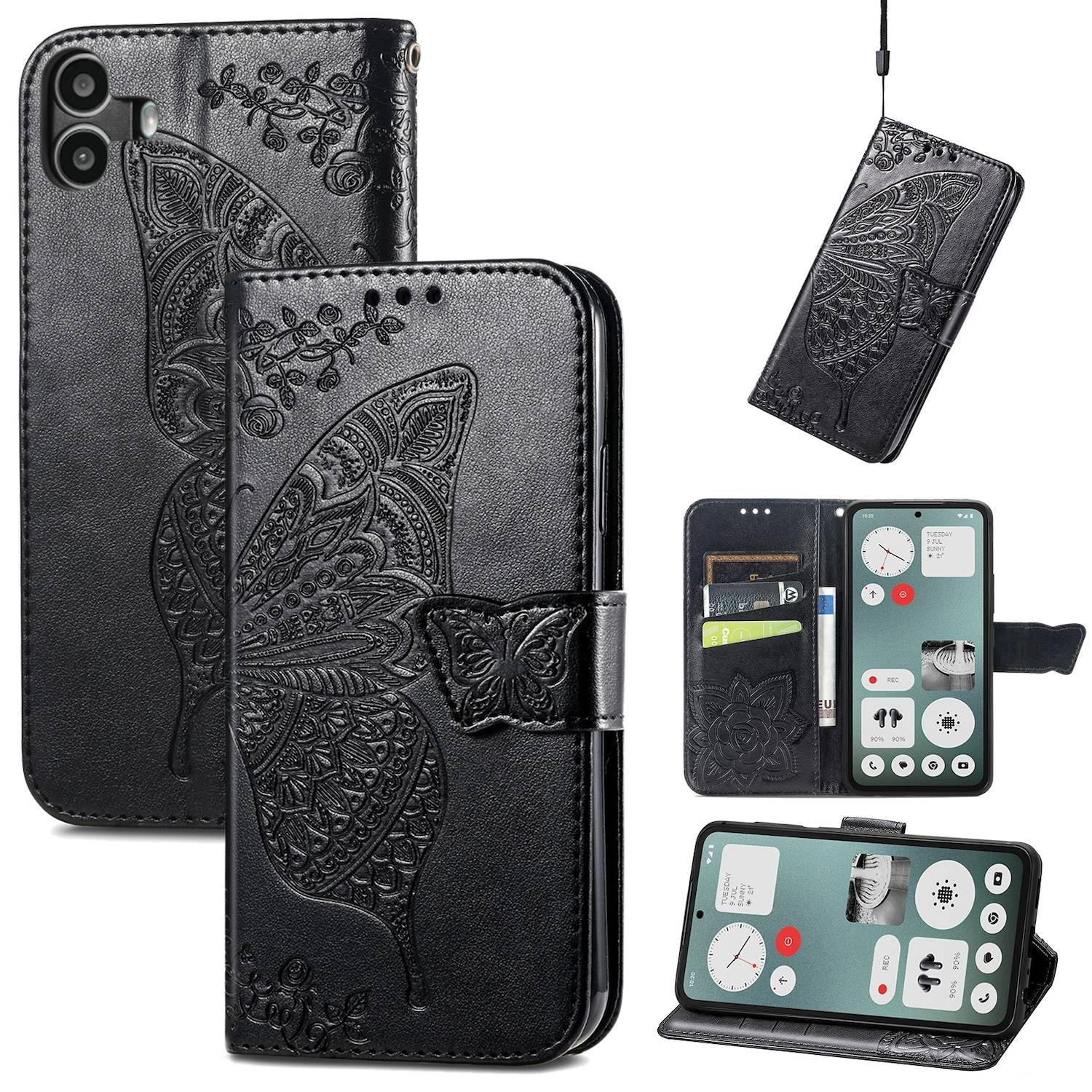 Für Nothing CMF Phone 1 Kunstleder Wallet Handy Tasche Schmetterling Design Hülle Etuis Schwarz