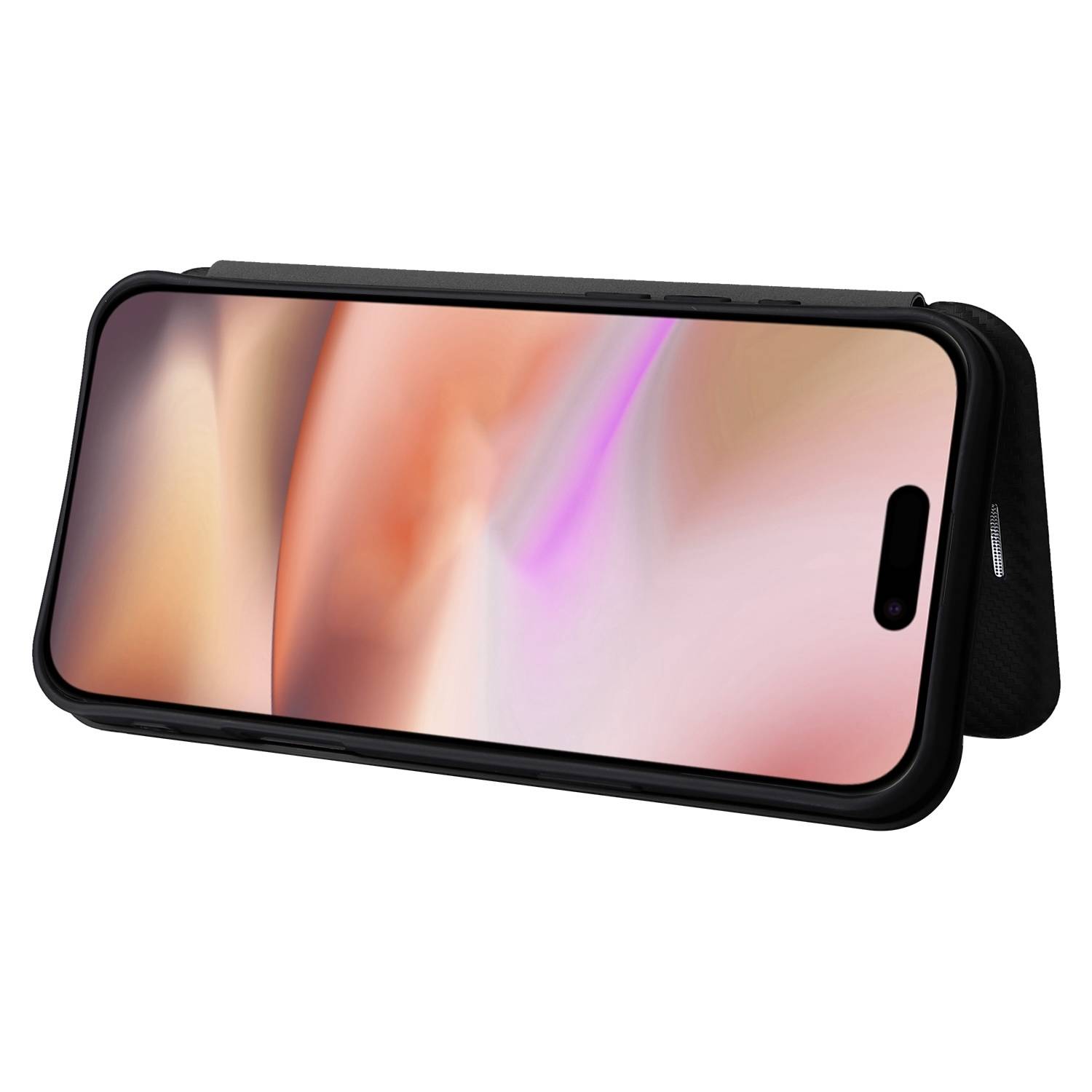 Für Apple iPhone 16 Carbon Faser Flip Design Schutz Hülle Case Schwarz