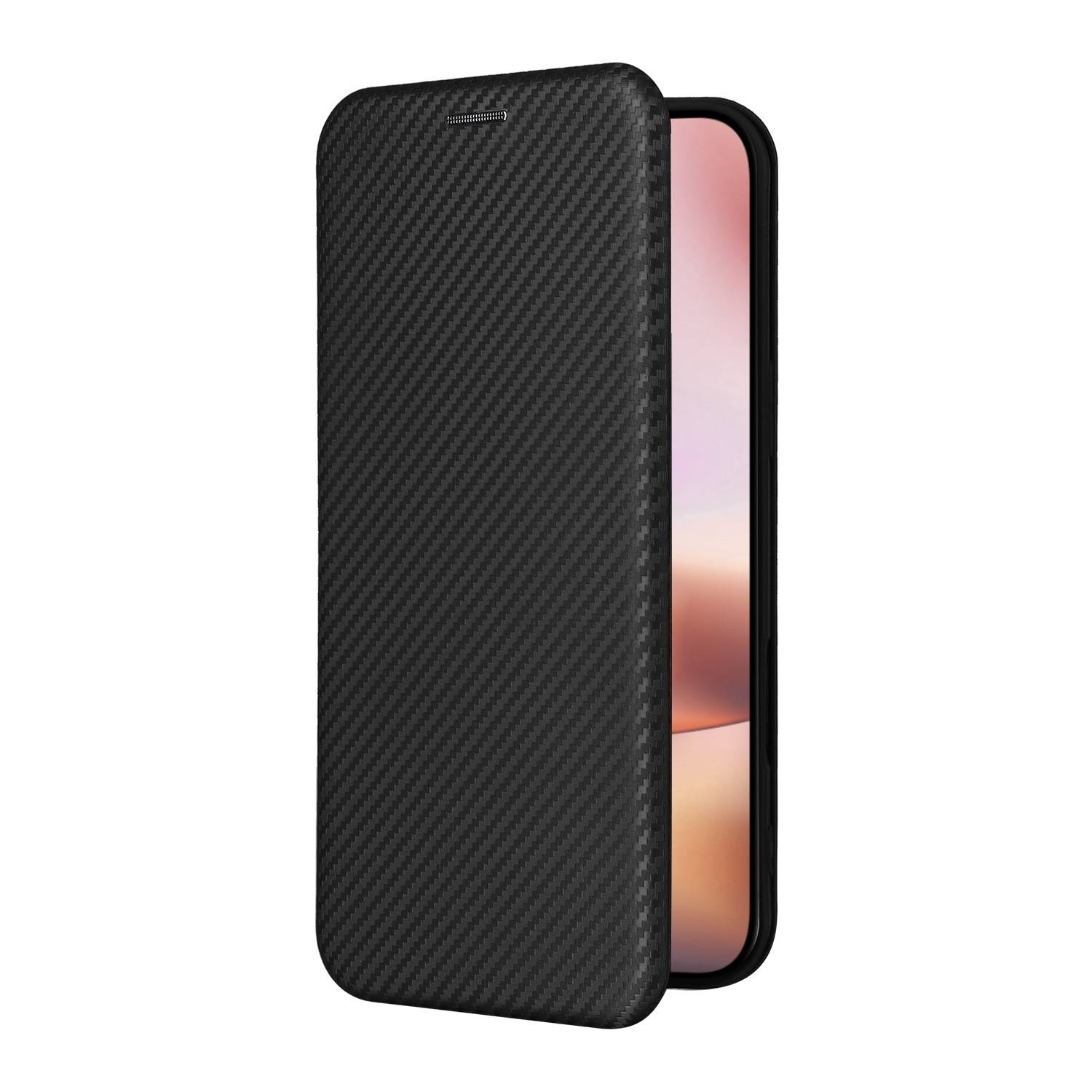 Für Apple iPhone 16 Carbon Faser Flip Design Schutz Hülle Case Schwarz