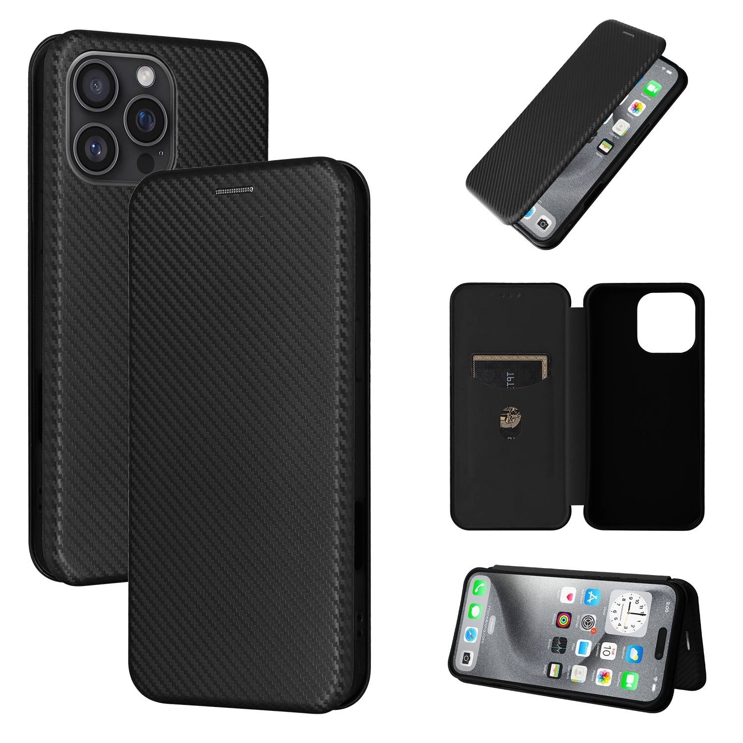 Für Apple iPhone 16 Pro Max Carbon Faser Hybrid Flip Design Schutz Hülle Schwarz