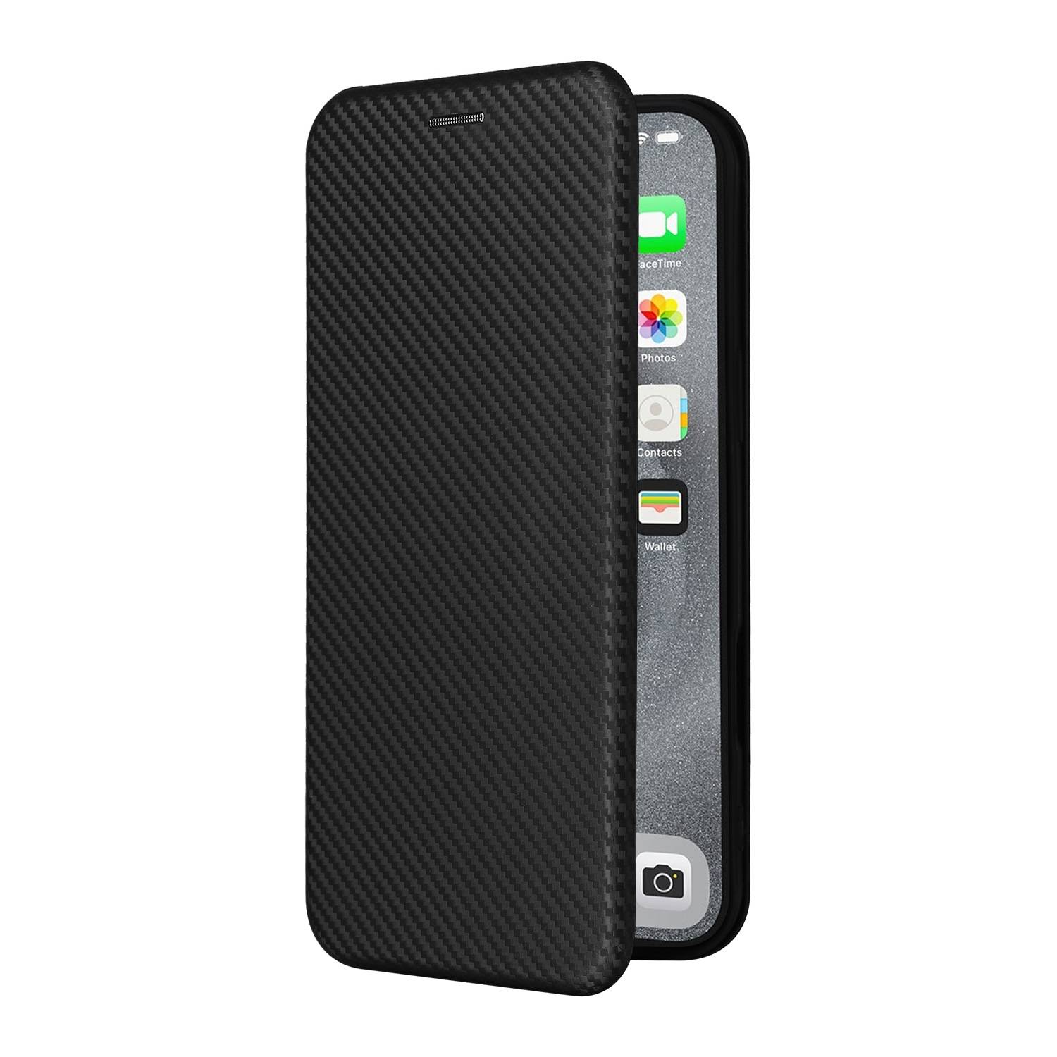 Für Apple iPhone 16 Pro Carbon Faser Hybrid Flip Design Schutz Hülle Schwarz